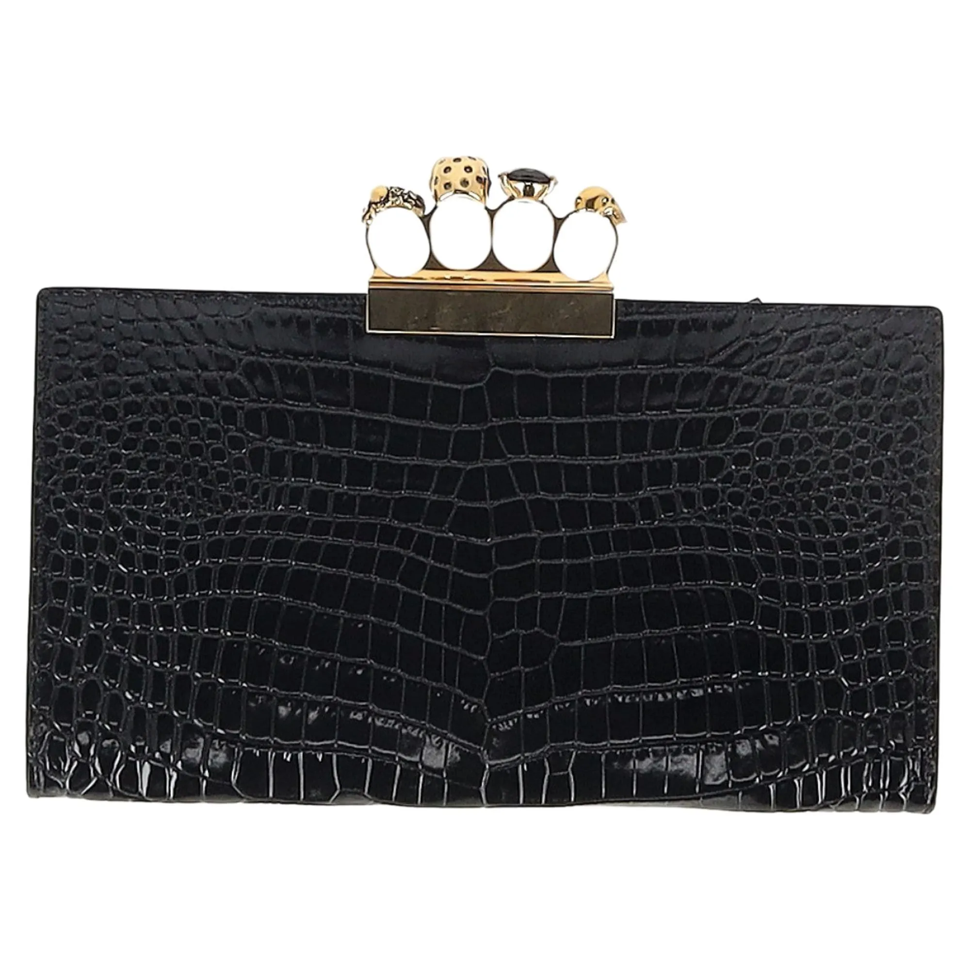 Alexander McQueen Skull Four Ring Clutch in Black Leather