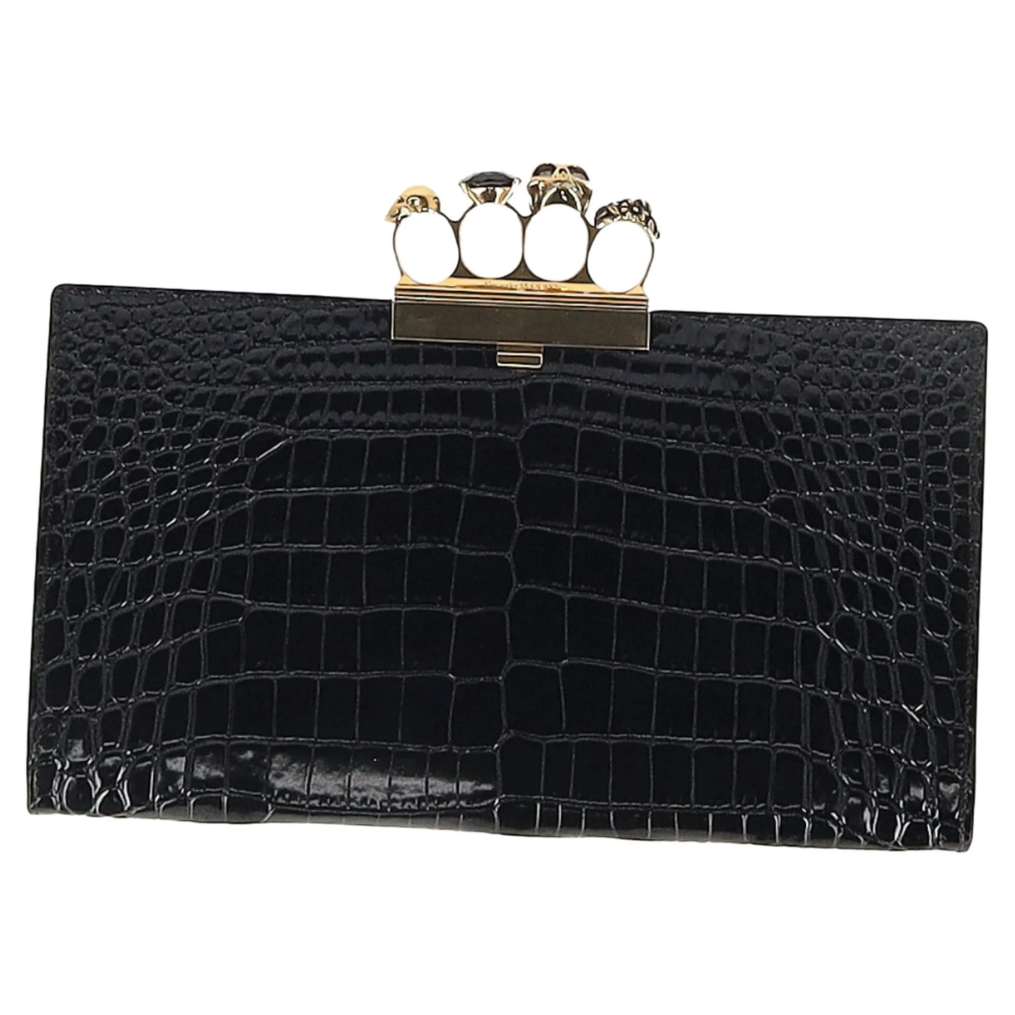 Alexander McQueen Skull Four Ring Clutch in Black Leather