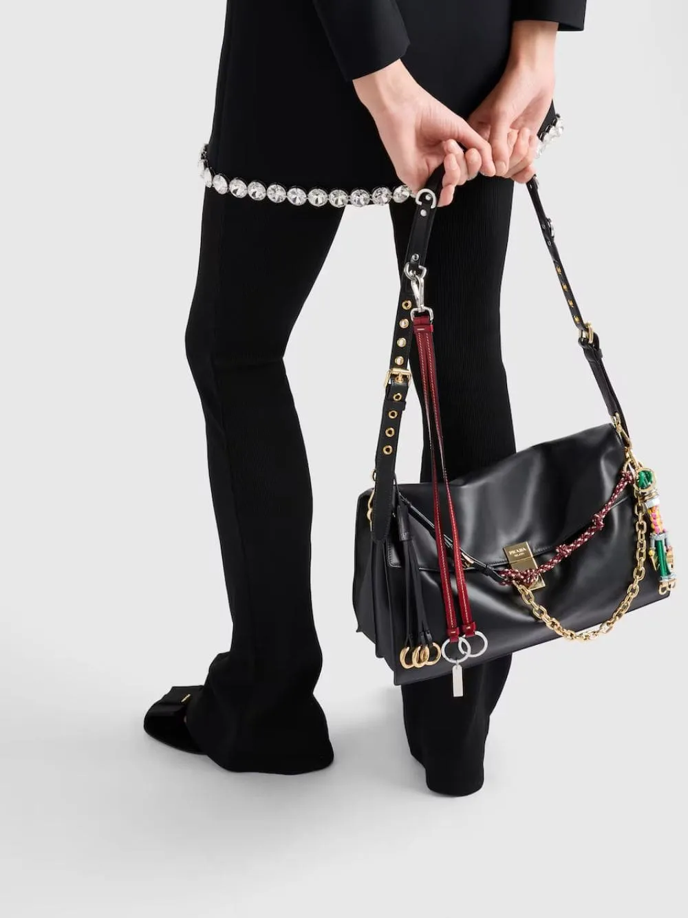 Black Soft Sound Leather Shoulder Bag with Charms