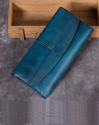 Blue Vintage Womens Leather Trifold Brown Long Wallet Purse Green CLutch Phone Wallet for Ladies