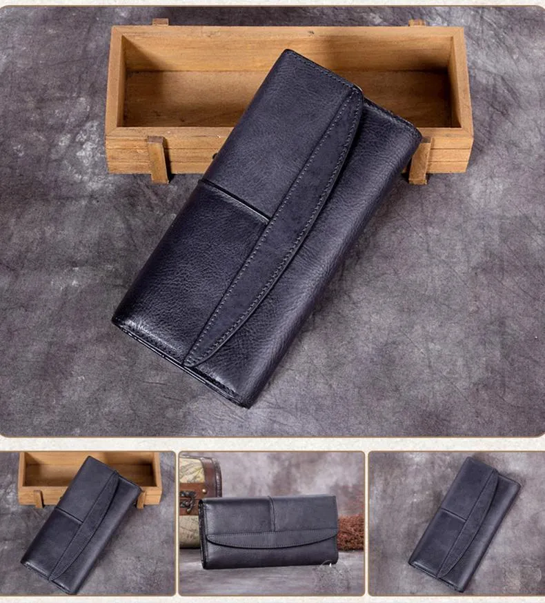 Blue Vintage Womens Leather Trifold Brown Long Wallet Purse Green CLutch Phone Wallet for Ladies