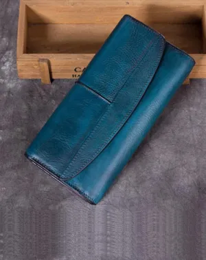 Blue Vintage Womens Leather Trifold Brown Long Wallet Purse Green CLutch Phone Wallet for Ladies