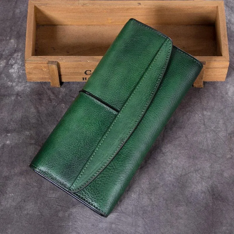 Blue Vintage Womens Leather Trifold Brown Long Wallet Purse Green CLutch Phone Wallet for Ladies