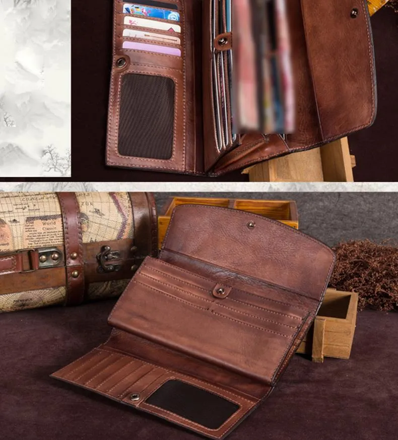 Blue Vintage Womens Leather Trifold Brown Long Wallet Purse Green CLutch Phone Wallet for Ladies