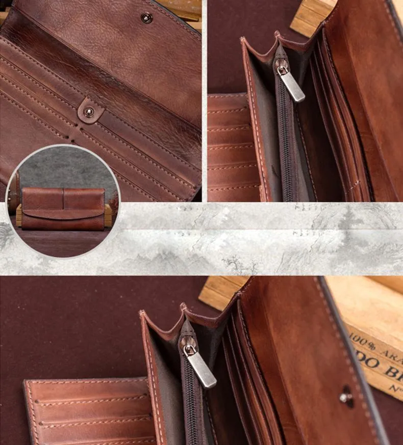 Blue Vintage Womens Leather Trifold Brown Long Wallet Purse Green CLutch Phone Wallet for Ladies