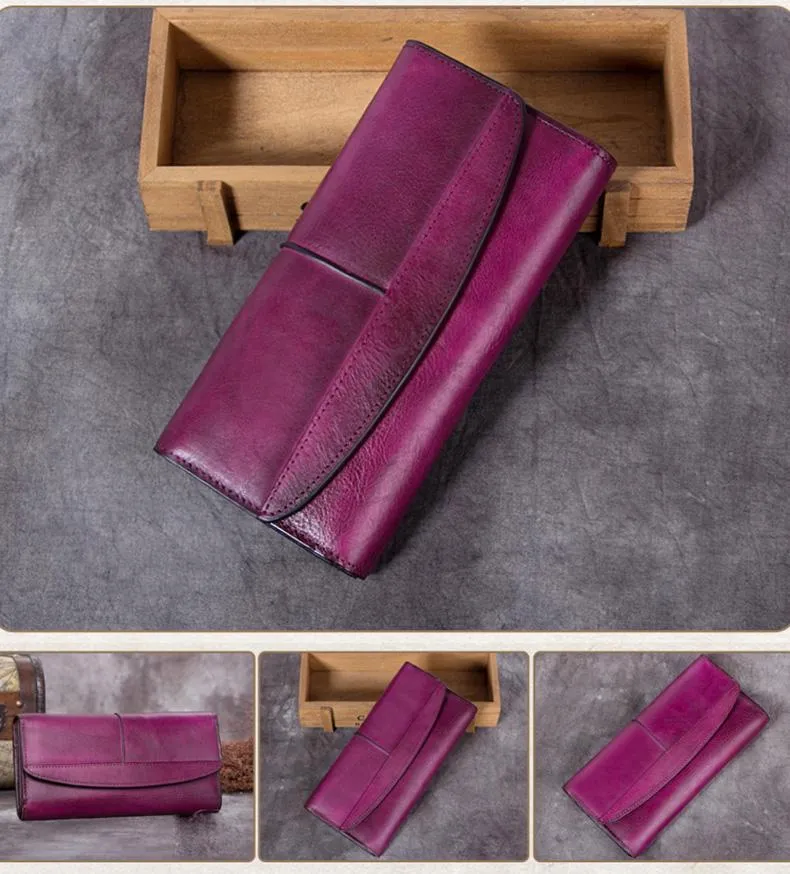 Blue Vintage Womens Leather Trifold Brown Long Wallet Purse Green CLutch Phone Wallet for Ladies