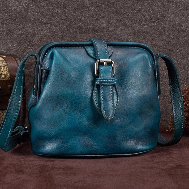 Blue Small Womens Leather Doctor Shoulder Bag Female Brown Doctor Bag Style Purse for Ladies