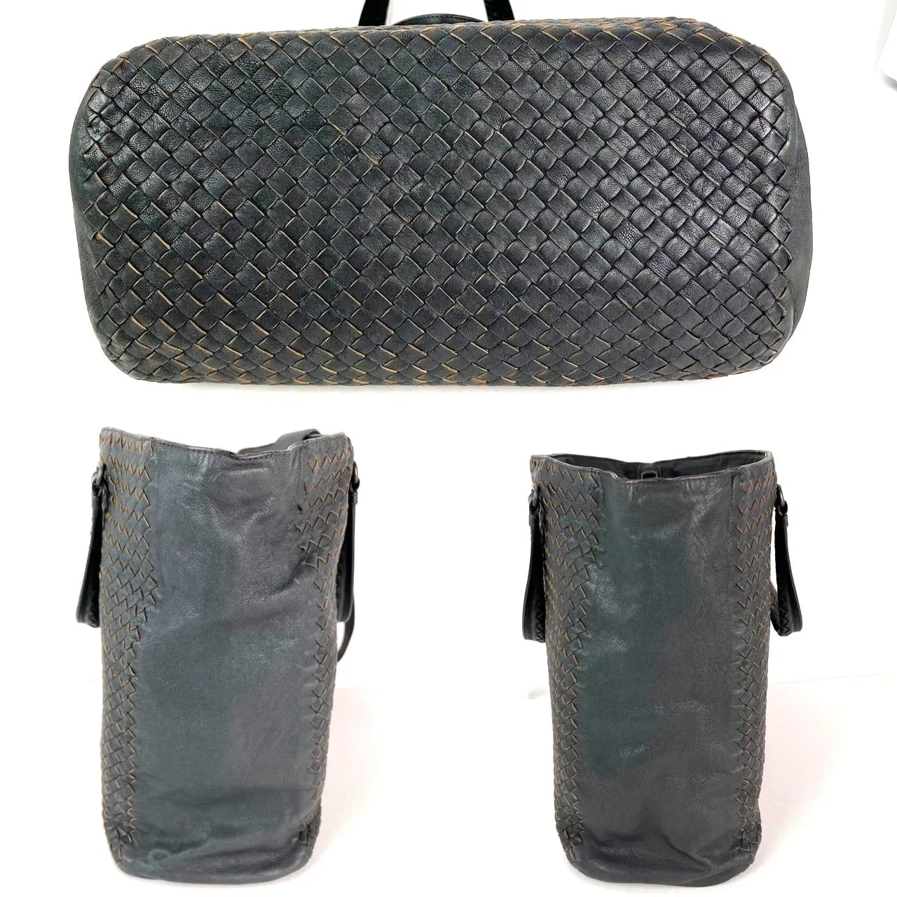 Bottega Veneta Intreciato Black leather zippered Messenger Tote Bag