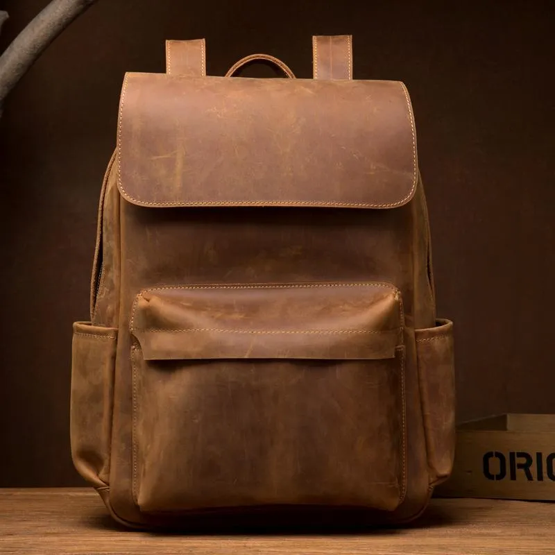 Brown Casual Mens Leather 15inches Computer Backpacks Black Travel Backpack College Backpacks for men