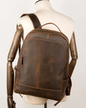 Brown Casual Mens Leather 16-inch Large Computer Backpack Travel Backpacks Laptop Backpack for men