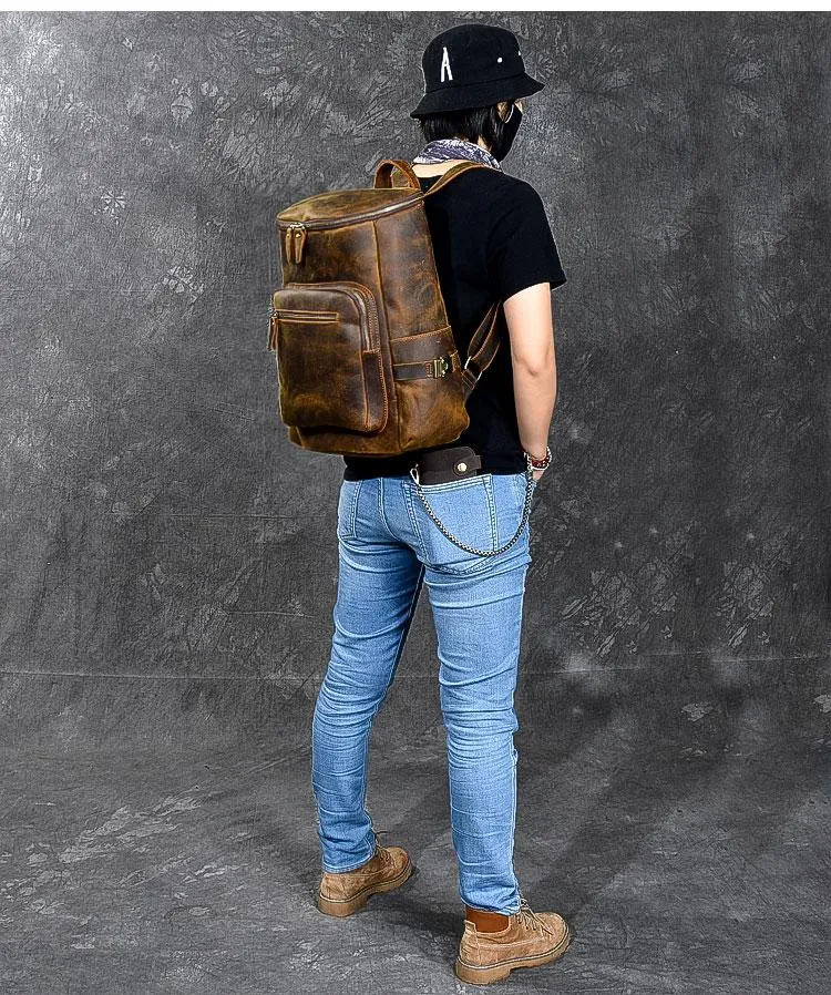 Brown Leather Men 14" Laptop Large Backpack Hiking Backpack Travel Backpack College Bag for Men