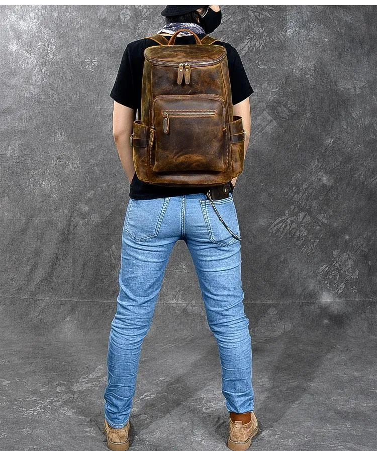 Brown Leather Men 14" Laptop Large Backpack Hiking Backpack Travel Backpack College Bag for Men