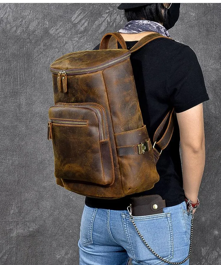 Brown Leather Men 14" Laptop Large Backpack Hiking Backpack Travel Backpack College Bag for Men
