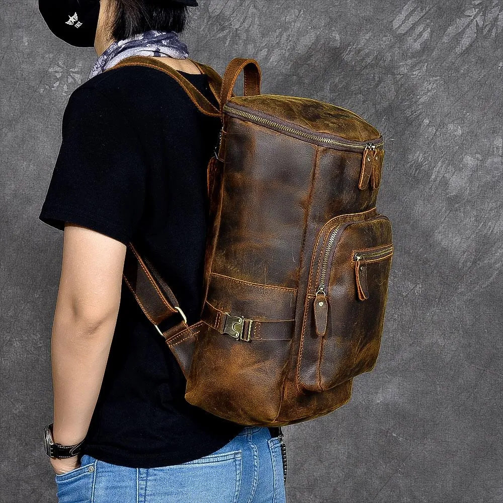 Brown Leather Men 14" Laptop Large Backpack Hiking Backpack Travel Backpack College Bag for Men
