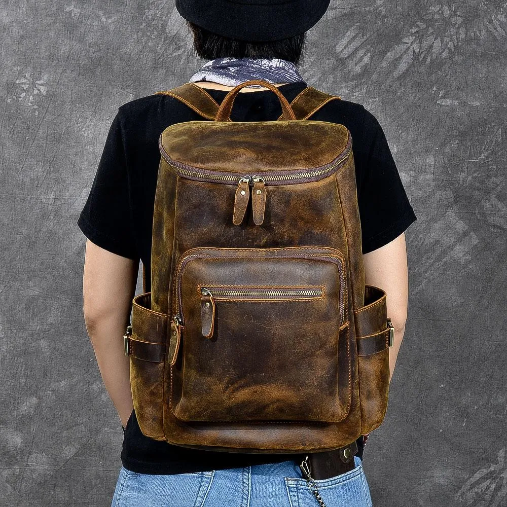 Brown Leather Men 14" Laptop Large Backpack Hiking Backpack Travel Backpack College Bag for Men
