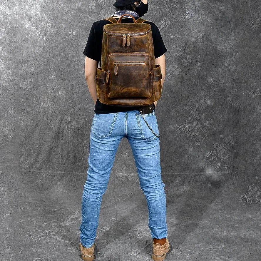 Brown Leather Men 14" Laptop Large Backpack Hiking Backpack Travel Backpack College Bag for Men