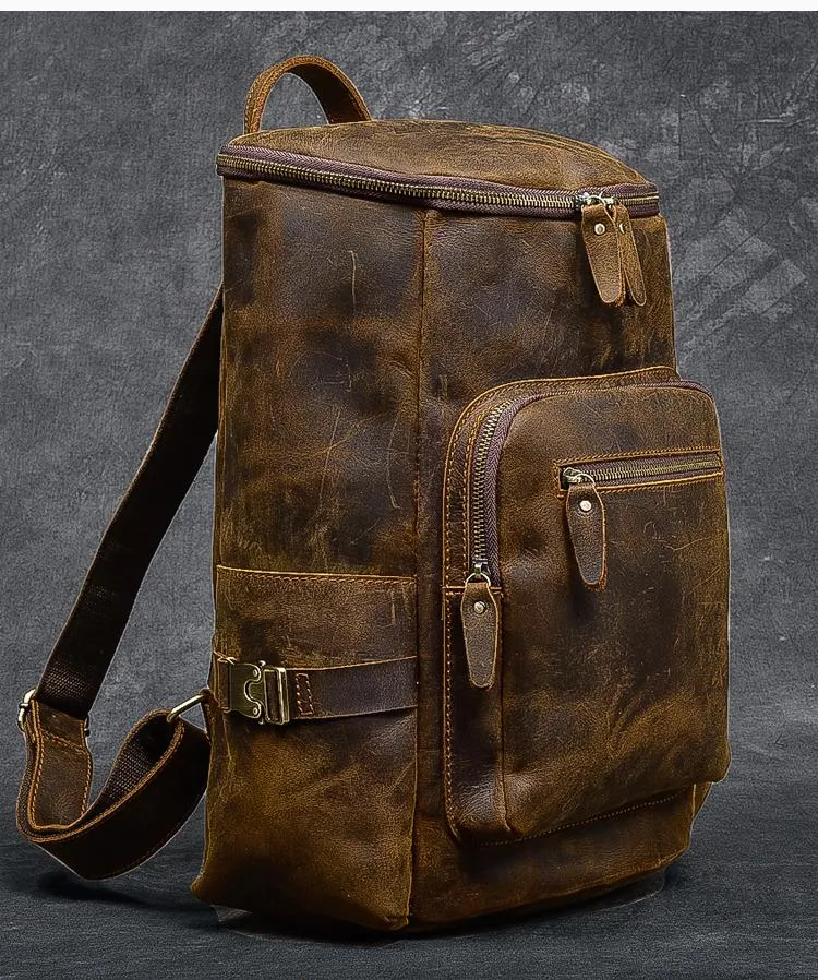 Brown Leather Men 14" Laptop Large Backpack Hiking Backpack Travel Backpack College Bag for Men
