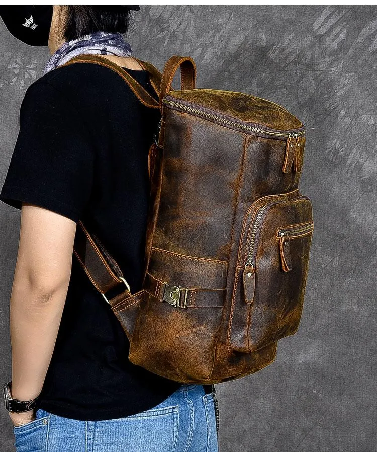 Brown Leather Men 14" Laptop Large Backpack Hiking Backpack Travel Backpack College Bag for Men