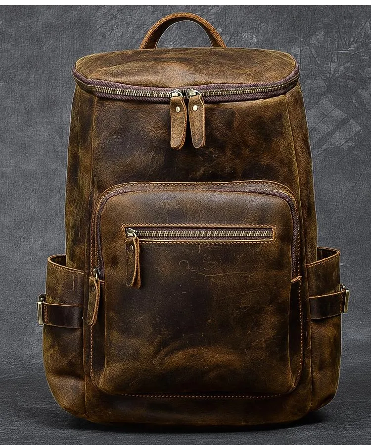 Brown Leather Men 14" Laptop Large Backpack Hiking Backpack Travel Backpack College Bag for Men