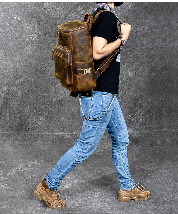 Brown Leather Men 14" Laptop Large Backpack Hiking Backpack Travel Backpack College Bag for Men