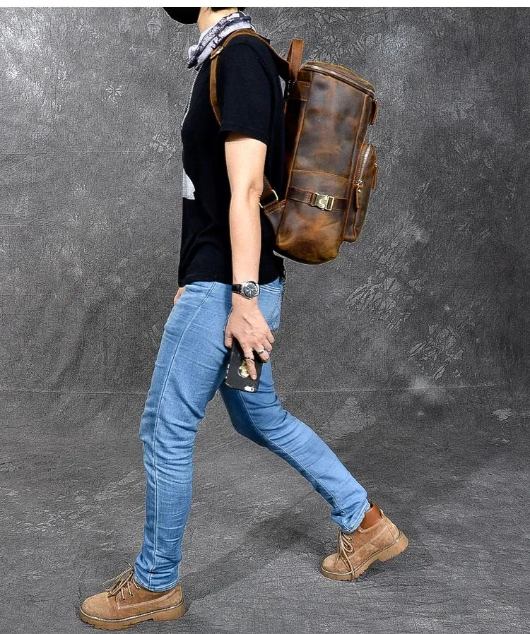 Brown Leather Men 14" Laptop Large Backpack Hiking Backpack Travel Backpack College Bag for Men