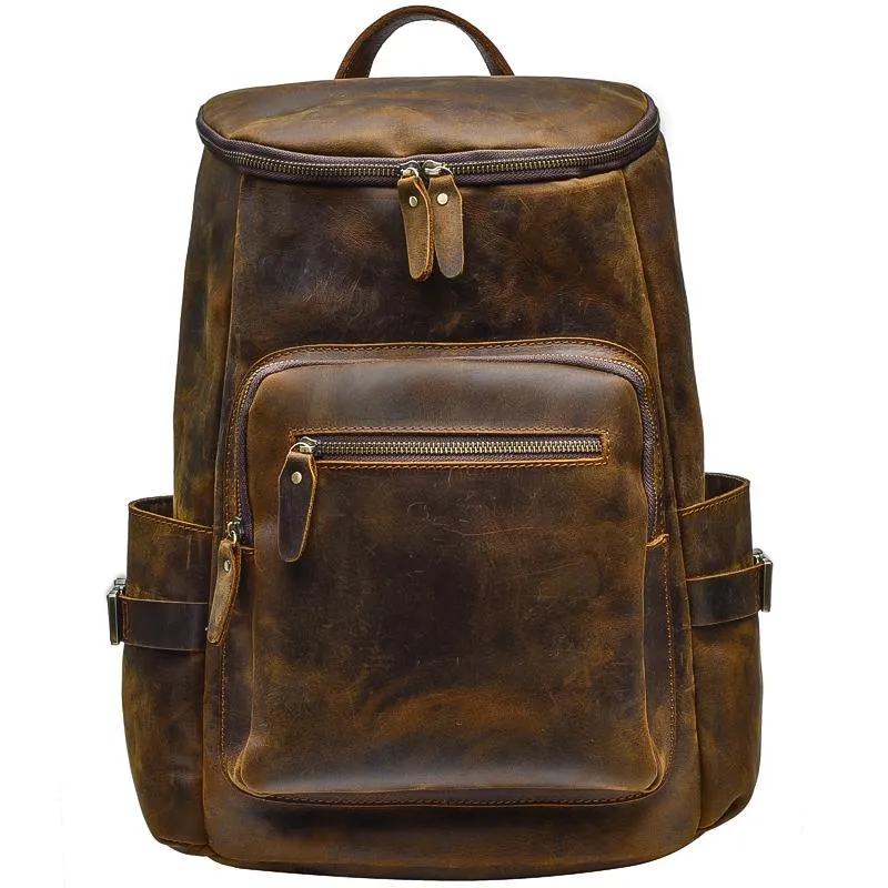 Brown Leather Men 14" Laptop Large Backpack Hiking Backpack Travel Backpack College Bag for Men