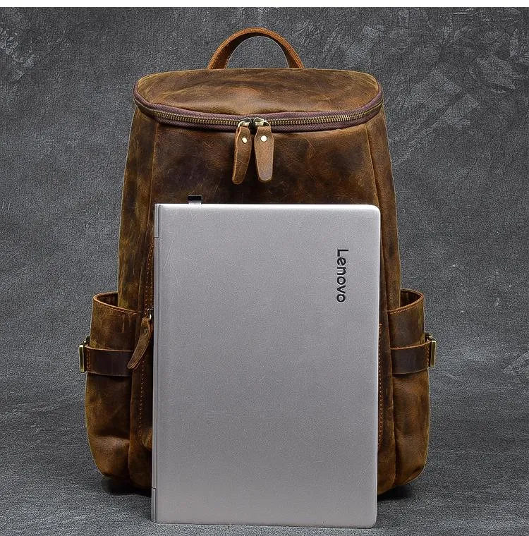 Brown Leather Men 14" Laptop Large Backpack Hiking Backpack Travel Backpack College Bag for Men
