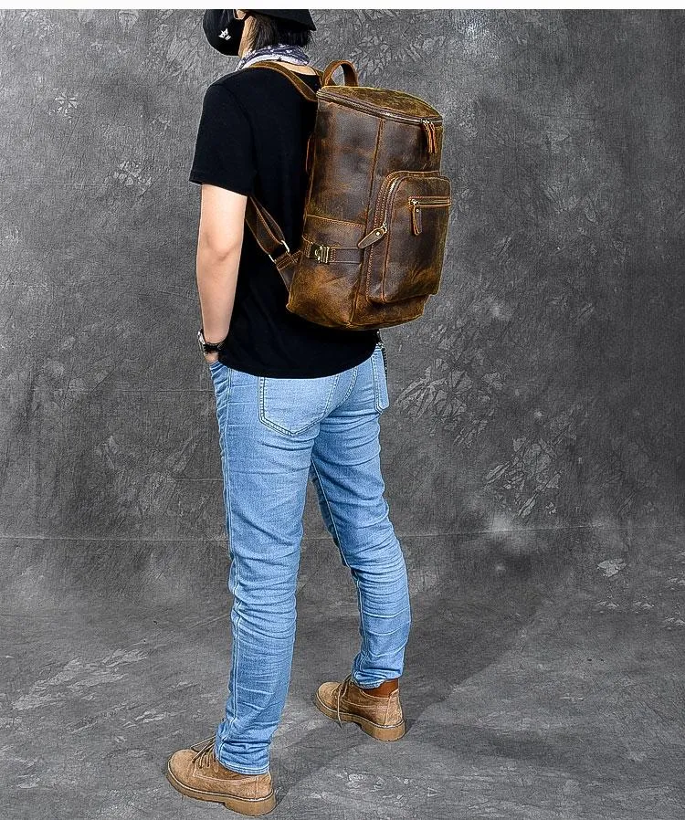 Brown Leather Men 14" Laptop Large Backpack Hiking Backpack Travel Backpack College Bag for Men