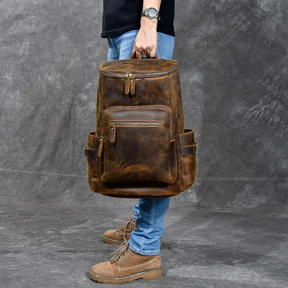 Brown Leather Men 14" Laptop Large Backpack Hiking Backpack Travel Backpack College Bag for Men