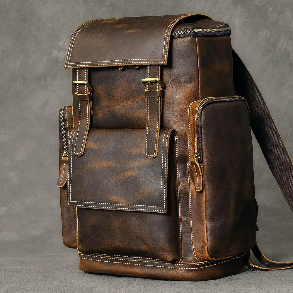 Brown Leather Mens 15" Laptop Backpack Travel Backpack Coffee College Backpack for Men