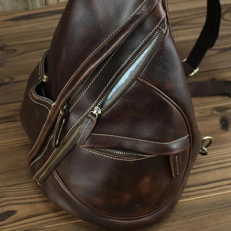 Brown Leather Men's Sling Bag Chest Bag Vintage One shoulder Backpack For Men