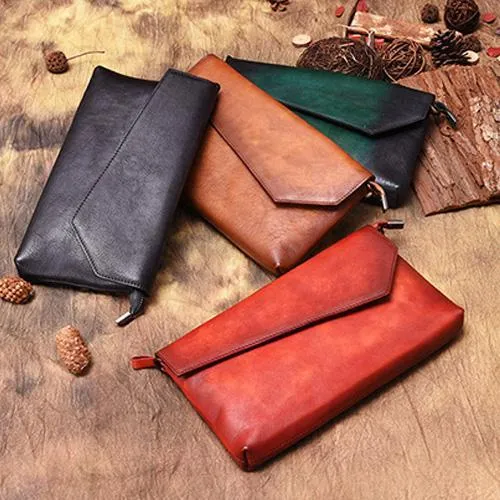 Brown Vintage Leather Long Wallet Womens With Strap Red Folded Clutch Wallet Purse for Ladies