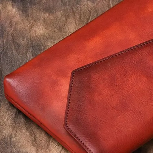 Brown Vintage Leather Long Wallet Womens With Strap Red Folded Clutch Wallet Purse for Ladies