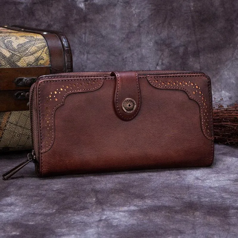 Brown Vintage womens Leather Bifold Wallet Purple Phone Wallet Red Zipper Wallet for Ladies