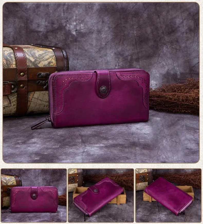 Brown Vintage womens Leather Bifold Wallet Purple Phone Wallet Red Zipper Wallet for Ladies