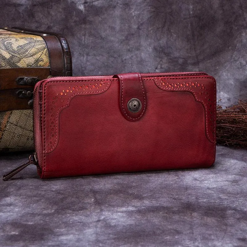 Brown Vintage womens Leather Bifold Wallet Purple Phone Wallet Red Zipper Wallet for Ladies