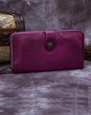 Brown Vintage womens Leather Bifold Wallet Purple Phone Wallet Red Zipper Wallet for Ladies