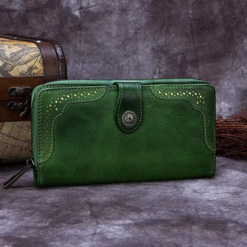 Brown Vintage womens Leather Bifold Wallet Purple Phone Wallet Red Zipper Wallet for Ladies