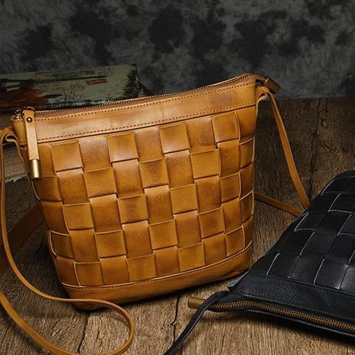 Brown Braided Womens Leather Small Bucket Bag Small Black Bucket Shoulder Purse Barrel Bag