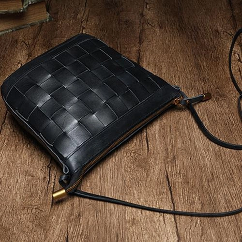 Brown Braided Womens Leather Small Bucket Bag Small Black Bucket Shoulder Purse Barrel Bag