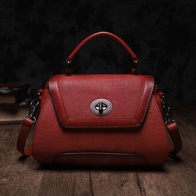 Brown Geometric Vintage Womens Handbag Leather Black Shoulder Handbag Purse