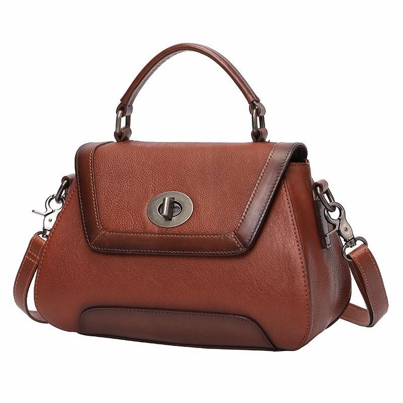 Brown Geometric Vintage Womens Handbag Leather Black Shoulder Handbag Purse