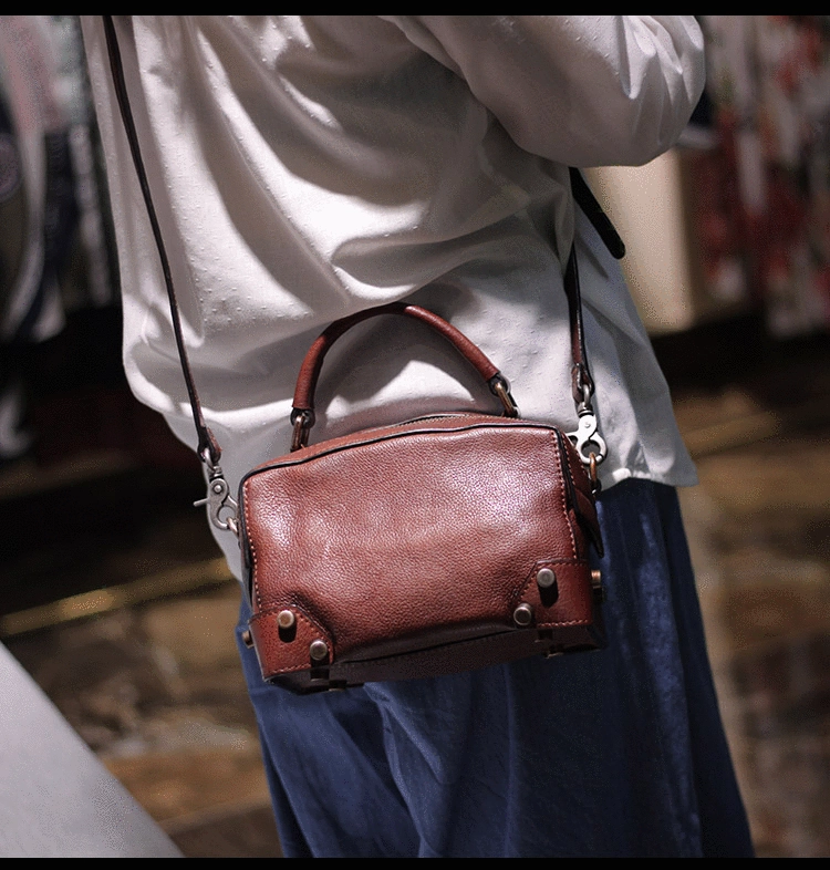 Brown Leather Satchel Box Handbags Womens Red Satchel Small Crossbody Bag for Ladies