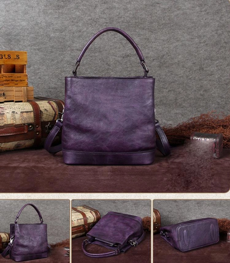 Brown Leather Womens Handbag Bucket Shoulder Bag Red Leather Barrel Blue Handbag for Ladies