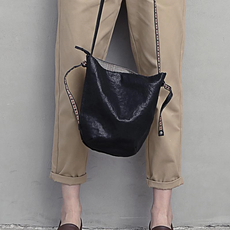 Brown Leather Womens SMall Shoulder Bucket Bag Black Barrel Shoulder Purse for Ladies