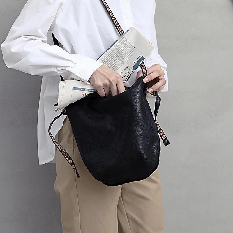 Brown Leather Womens SMall Shoulder Bucket Bag Black Barrel Shoulder Purse for Ladies