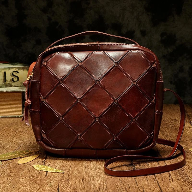 Brown Mosaic Womens Genuine Leather Shoulder Bag Handbag Bag Vintage Side Bag for Ladies