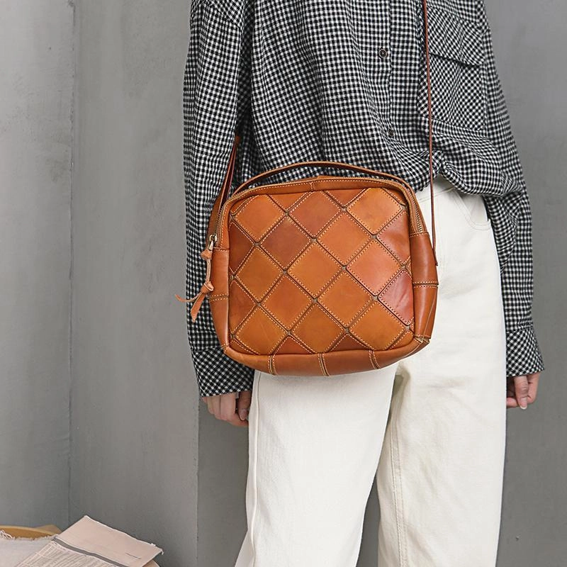 Brown Mosaic Womens Genuine Leather Shoulder Bag Handbag Bag Vintage Side Bag for Ladies