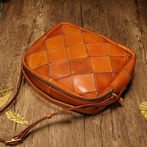Brown Mosaic Womens Genuine Leather Shoulder Bag Handbag Bag Vintage Side Bag for Ladies