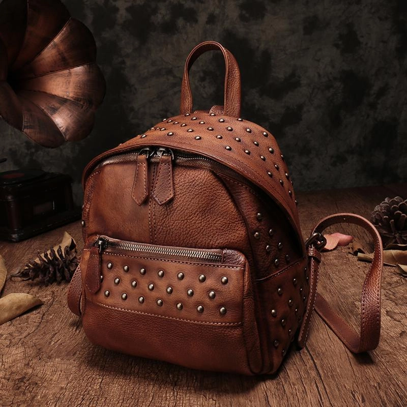 Brown Vintage Leather Womens Backpacks Small Black Leather Backpack for Ladies
